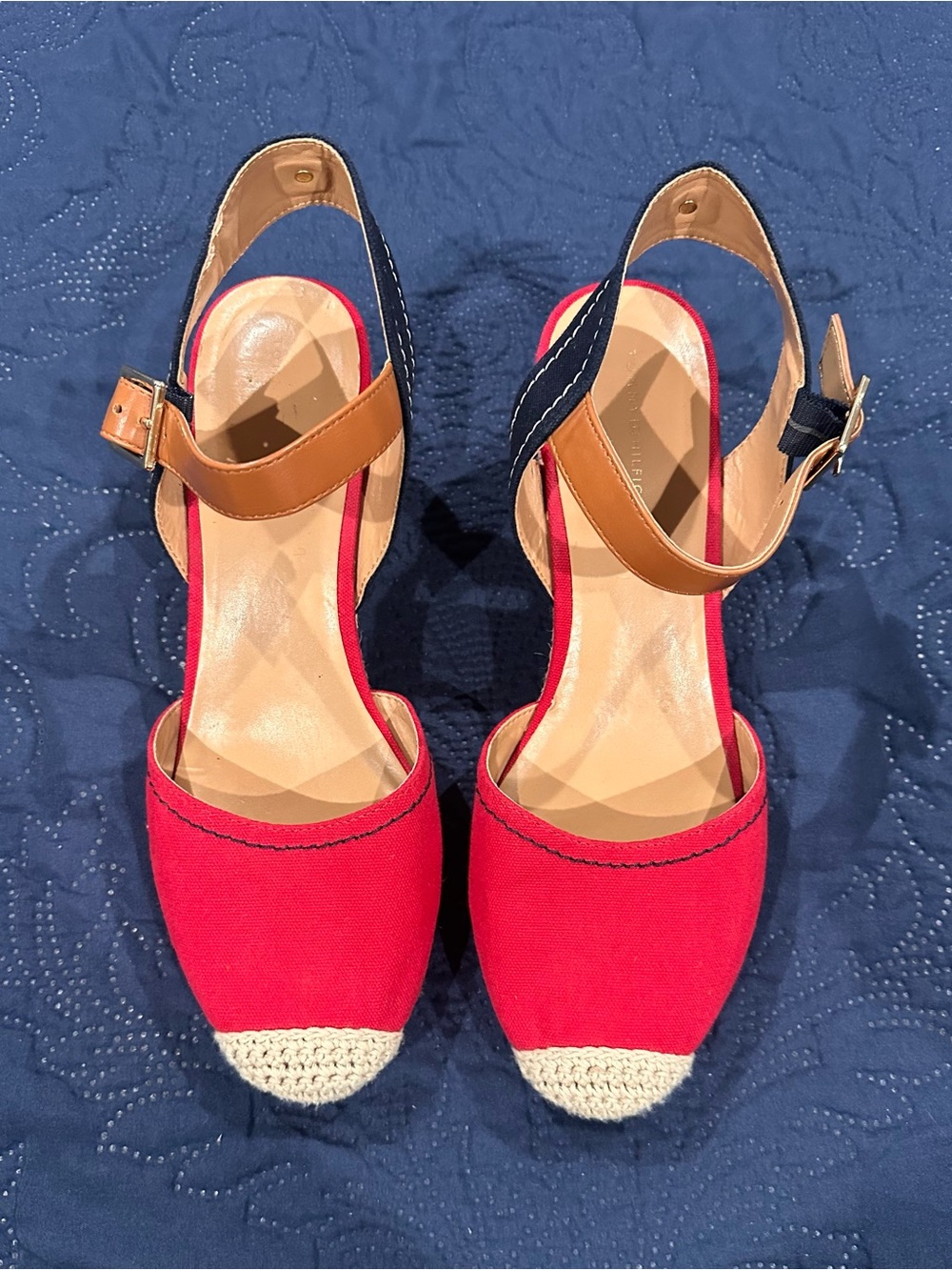Tommy Hilfiger Red Canvas Espadrille Sandals with Tan & Navy Straps